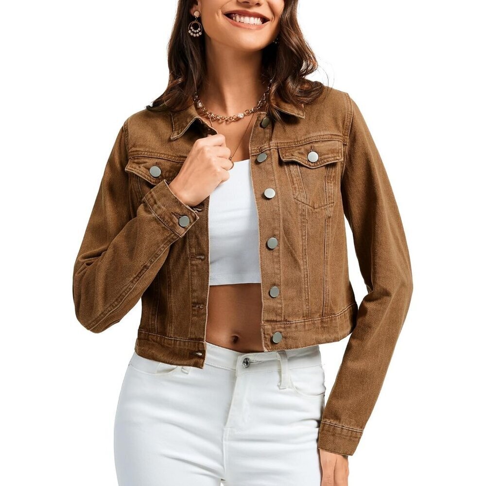 Women's Denim Jackets Crop Long Sleeve Button Down Jean with Pockets Light Brown